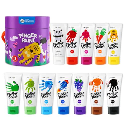 Jar Melo Washable Finger Paints for Toddlers, 12 Colors Large Capacity (2.1fl oz), Non Toxic Baby Paint for Hand and Feet, Safe Art Supplies, Preschool Learning Gifts for Kids Age 2+