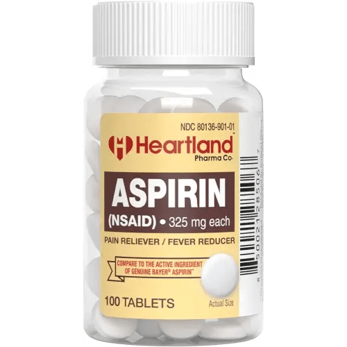Heartland Pharma Aspirin 325mg Uncoated NSAID with Child Resistant Safety Cap - Made in USA - (100 Count)