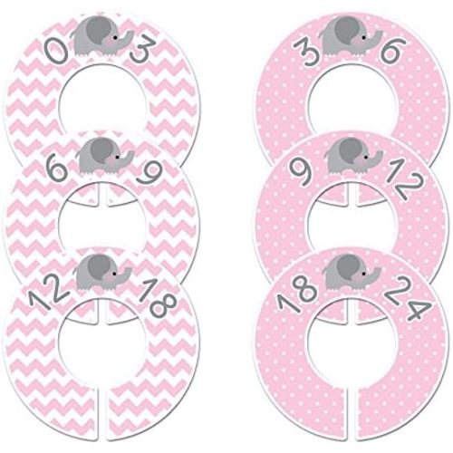 6 Baby Girl Nursery Clothing Size Closet Dividers Pink Elephant (1.25 Inch Rod)
