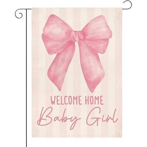 Welcome Home Baby Girl Garden Flag for Yard Outside Pink Bow Baby Shower Announcement Gender Reveal Newborn Baby Double Sided Garden Flag 12 x18 inches
