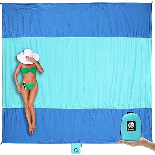 WEKAPO Beach Blanket Sandproof Waterproof, Extra Large Beach Mat, Oversized & Compact Sand Free Mat Quick Drying, Lightweight & Durable with Stakes & Corner Pockets
