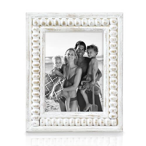 Whitewashed Wood Beaded 5x7 Picture Frame - Farmhouse Style Rustic Photo Frame, Boho Picture Frame as 5 x 7 Photo Frame for Tabletop Display 5x7 Photo