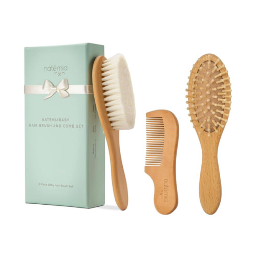 Natemia Wooden Baby Hair Brush & Comb Set - Pack of 3, Oval - Natural Goat Hair Bristles & Soft Bristle Brush - Gentle Scalp Massage & Cradle Cap Comb - For Newborns & Toddlers, Baby Grooming Kit