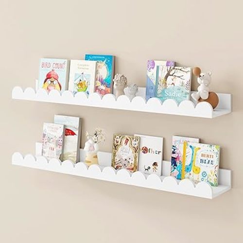 Fun Memories 28 Inch Scalloped Floating Shelf, White Picture Ledge for Wall, Set of 2, Nursery Book Shelves for Baby Room, Kids Rooms, Bedroom