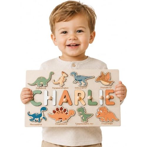 Name Puzzle with Dinosaurs Personalized Wooden Name Puzzle Wooden Toys Custom Name Puzzle by BusyPuzzle Educational Toy Nursery Decor Easter Present
