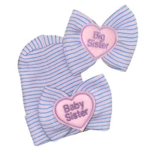Newborn Girl Hospital Beanie: Baby Sister Heart Bow & Big Sister Set