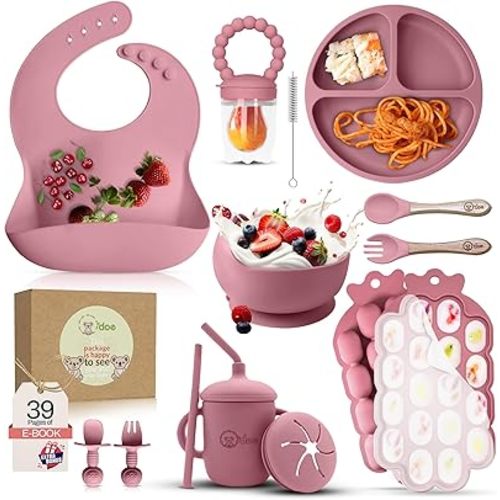 O'doe Baby Weaning Set – 15 Pcs Silicone Baby Feeding Set with Suction Plate, Bowl, Bib, Sippy Cup, Fruit Feeder, Freezer Tray