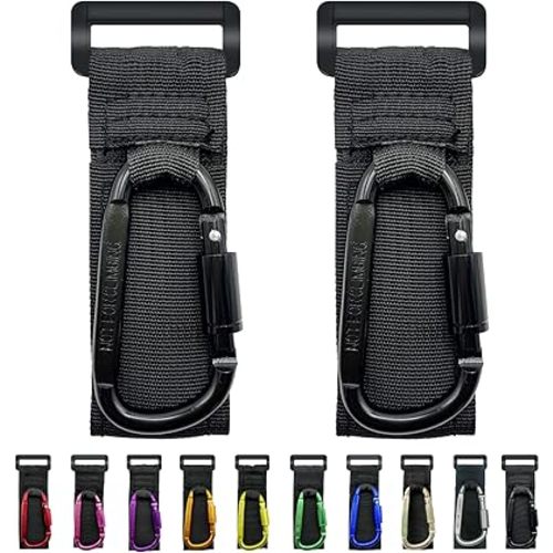 Baby Stroller Hook, Carry 30 lbs per Stroller Carabiner Clip, Adjustable Baby Stroller & Car Seat Hook for Hanging Diaper Bag, Wheelchair, Golf cart, Shopping and Pet Cart(2 Pcs Black)