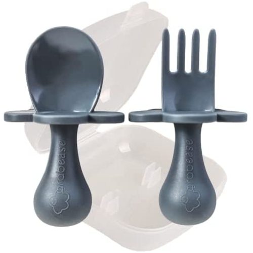 Grabease Baby and Toddler Self-Feeding Utensils – Spoon and Fork Set for Baby-Led Weaning – Made of Non-Toxic Plastic – Featuring Protective Barriers to Prevent Choking and Gagging
