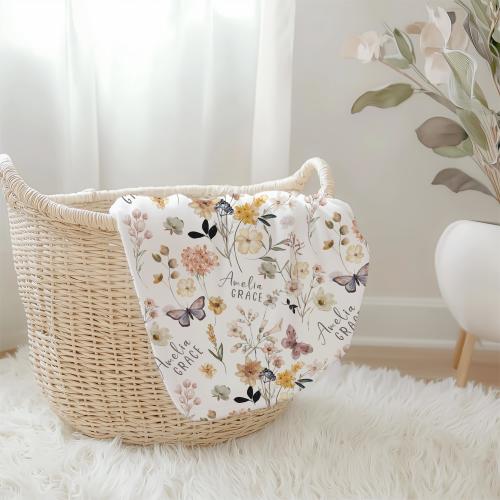 Personalized Wildflower Butterfly Baby Girl Blanket, Baby Girl Gift, Custom Name Blanket Girls Birthday, Baby Shower Gift, Botanical Decor