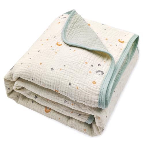 4-Layer Muslin Swaddle Blanket, 100% Cotton Reversible Baby Blanket, Ultra Soft Star & Moon Print, Thick Breathable Gauze Receiving Blanket, 40x40 in for Crib Stroller Nursery