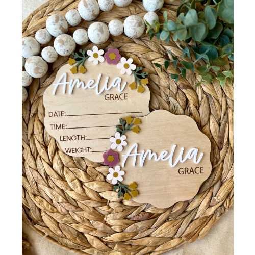 Birth Announcement Sign for Girl, Name Announcement Sign, Newborn Name Announcement, Newborn Wildflower Birth Stat Sign, Floral Name Sign