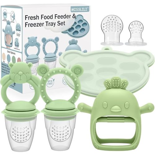 4 Pack Silicone Teething Mitten for Babies with Baby Fruit Food Feeder & Freezer Tray Set, BPA Free Infant Teething Relief Toy for 3 Month+, Additional Silicone Sacs