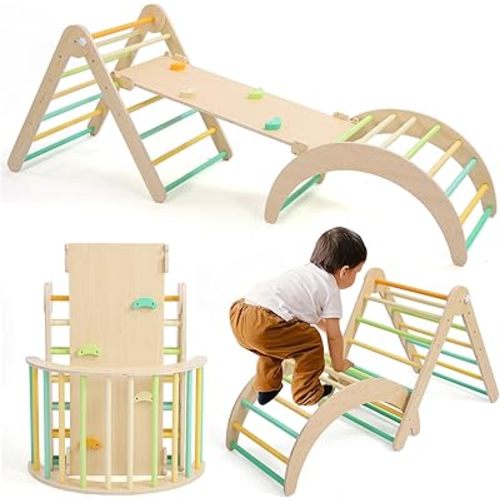 Pikler Traingle Set,7-in-1 Wooden Climbing Kits Toy,Foldable Montessori Toy,Jungle Gym Playing Sets with Arch-Ramp-Ladder Indoor Climber(Climbing Sets)