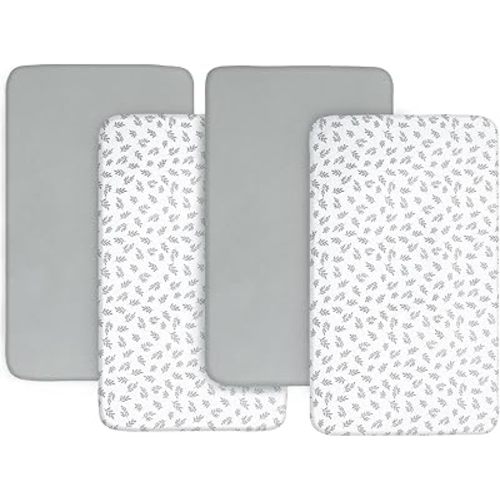 Bassinet Sheets(33" x 20"), 4 Pack for Most Bedside Sleeper Bassinet, Bassinet Sheet, Breathable & Soft Polyester, Grey Leaf