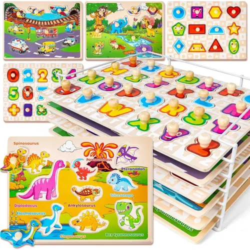 SYNARRY Wooden Puzzles for Toddlers 1-3, 6XSET Puzzles for Toddlers 2-4 with Rack, Learning Alphabet Number Animal Dinosaur Vehicle for Kids, Education Toys for 2 3 Years Boys Girls