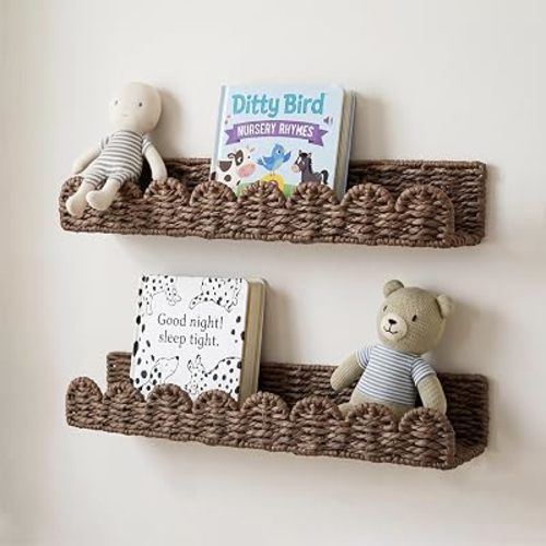 Scalloped Nursery Bookshelf, Set of 2 Floating Shelves, Woven Paper Straw Wall Storage with Metal Frame, Eco-Friendly Lightweight Display Rack for Kids' Room (Brown Paper Straw)
