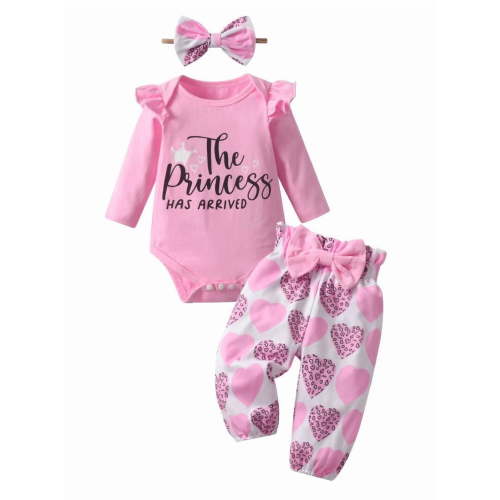 Infant Baby Girl Clothes Letter Long Sleeve Ruffle Romper Floral Print Pants Set 3PCS Pink 0-3 Months