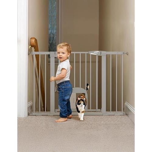 Babelio 29-48" Extra Wide Baby Gate with Adjustable Cat Door,Easy Install Pressure/Hardware Mounted,Auto Close Pet door for Stairs,House,Doorways,Effortless Walk Thru,Gray