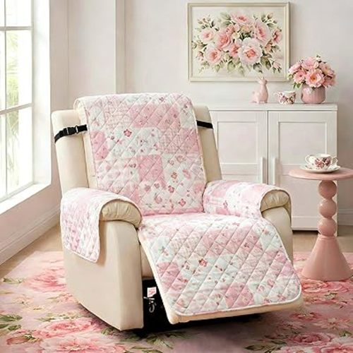 Pink Patchwork Recliner Chair Cover Pink Flower Patchwork Quilted Recliner Slipcover Flower Washable Reclining Chair Cover for Adults Pets Dogs