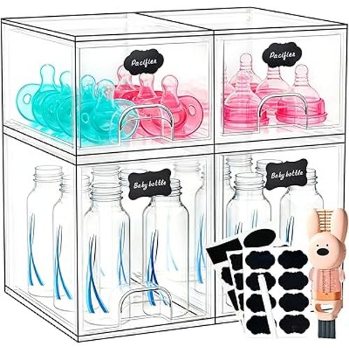 TOOGE Stackable Baby Bottle Organizer: Acrylic Bottle Organizer Baby Storage Drawers Clear Bottle Station Organization for Countertop Cabinet Vanity with 4 in 1 Cup Lid Cleaning Brush & Label - Tall
