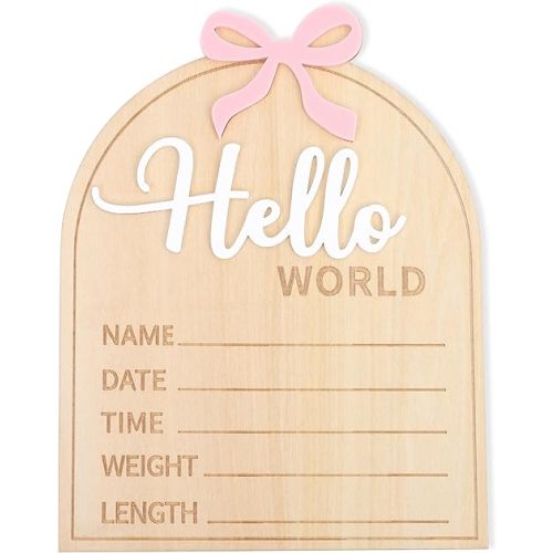 Wooden Hello World Baby Birth Announcement Sign - Coquette Hello World Baby Sign,Bow Hello World Sign,Newborn Photo Prop,Pink Bow Coquette Birth Sign