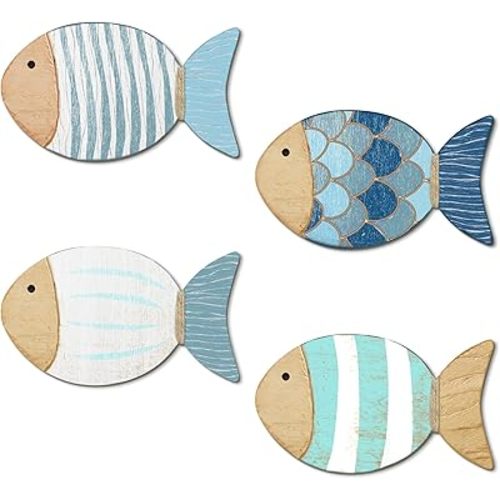 Putuo Decor 4 Pcs Wood Fish Wall Art, Nautical Beach Decor, Wooden Fish Hanging Sculptures, Blue (5.5 In)