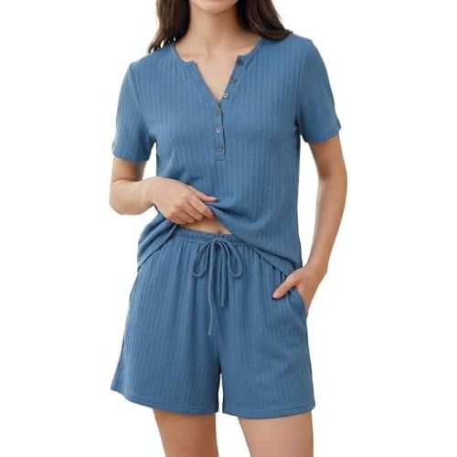 OUGES Women's 100% Cotton Maternity Nursing Pajamas Set Short Sleeve Henley Top and Shorts 2 Piece Pjs Comfy Loungewear