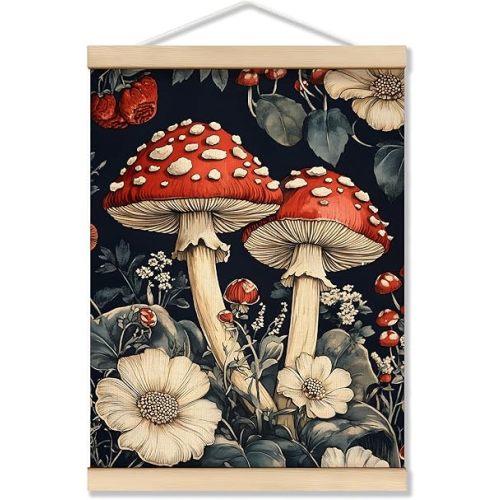 TopXmai Vintage Mushroom Wall Art Poster Framed, Dark Cottagecore Decor, Nature Forest Floral Botanical Canvas Hanging Prints Wall Decor for Home Bedroom Living Room, 12x16 Inches