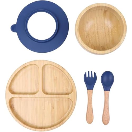 Bamboo Toddler Plate & Bowl Set with Strong Suction – Includes Plate, Bowl, Spoon & Fork – Baby Plates with Suction for Baby Led Weaning, Kids Feeding Essentials, Non-Toxic & BPA Free