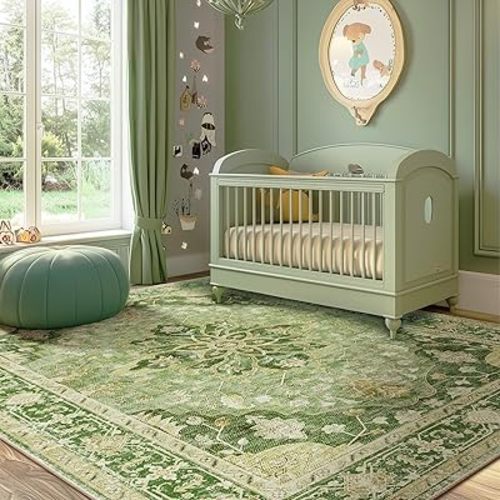 RELEANY Area Rugs 5'x7' Washable Non-Slip, Floral Vintage Distress Medallion Carpet for Living Room Bedroom Dining Room, Sage Green Yellow