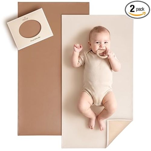 Konssy Faux Leather Baby Changing Mat, Waterproof, Wipeable & Portable Diaper Changing Pad for Travel or Home, Fits Perfectly in Diaper Bag, 30 x 17 inches (Brown,Beige)