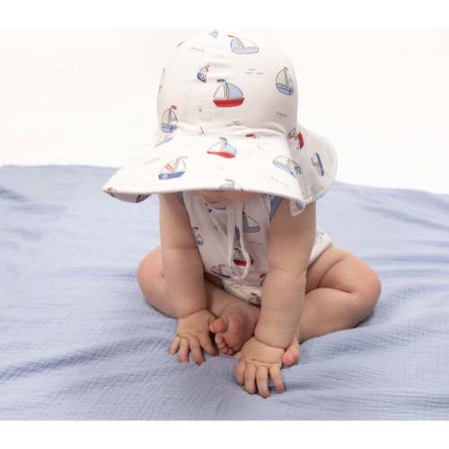 Bubbly Sailboats Blue, Wide Brim Sun Hat - Angel Dear Hats & Mittens | Maisonette