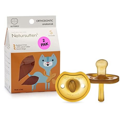 Natursutten 2-Pack Natural Rubber Pacifiers - Safe & Soft BPA-Free Pacifier for Breastfeeding Babies, Made in Italy, Butterfly Shield Orthodontic Nipple, Newborn 0-6 Months