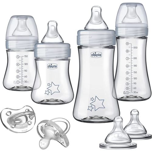 Chicco Duo Newborn Hybrid Baby Bottle Starter Gift Set with Invinci-Glass Inside and Plastic Outside | Dishwasher, Bottle Warmer, and Electric Sterilizer Safe | Intui-Latch Nipple | Clear/Grey