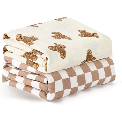 insular Muslin Swaddle Blankets for Boys Girls, 2 Pack Receiving Baby Blanket Large 47 x 47 inches, Soft Breathable Swaddling Wrap for Unisex Newborn, Teddy Bear&Checkered
