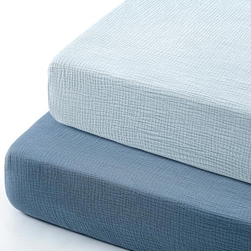 GRSSDER 100% Cotton Muslin Crib Sheet 2 Pack - Breathable & Ultra-Soft Fitted Crib Sheets for Standard Baby & Toddler Mattresses, 52"x28" with 9" Deep Pocket, Snug Fit All-Around Elastic