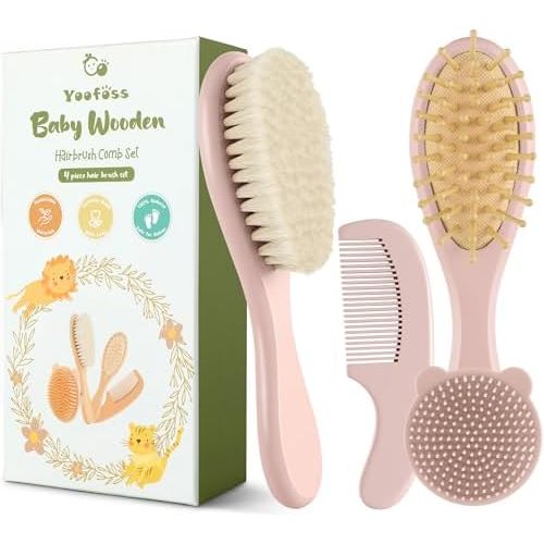 Yoofoss 4 Piece Baby Hair Brush and Comb Set，Wooden Baby Hair Brush with Natural Ultra Soft Goat Hair, Baby Comb Set for Boy, Girl - Pink