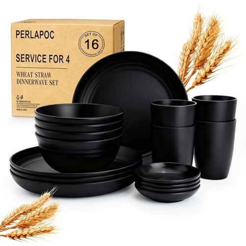 Wheat Straw Dinnerware Sets, Unbreakable Plates and Bowls Sets of 16, Kids Dinnerware Set Sevice for 4, Dishwasher & Microwave Safe Dish Set for Kitchen, Outdoor, Camping - Multi