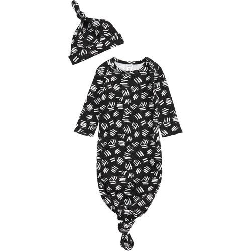 Knotted Gown & Hat Set, Black- White Brush Strokes