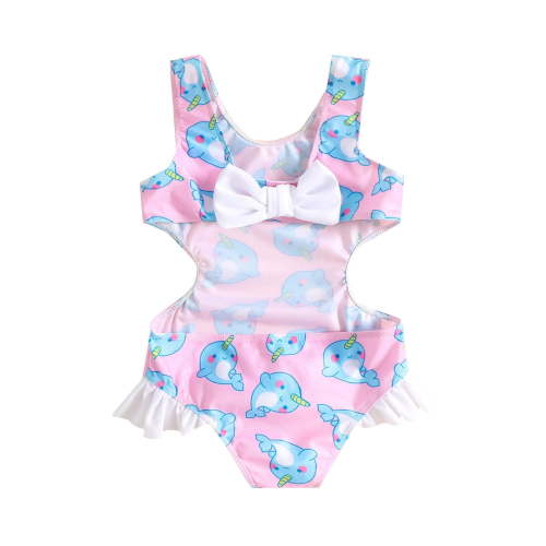Toddler Swimsuit Girl Summer Ruffles Cartoon Prints 1 Piece Swimwear Bowknot Beach Onesie Bikini Baby Girl Bathing Suit,Size 6 Months-12 Months