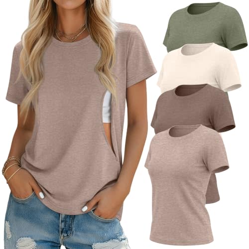 Oakgarden 4 Pack Women's Nursing Breastfeeding Shirts with Zipper Loose Fit Short Sleeve Maternity Top Nursing Clothes