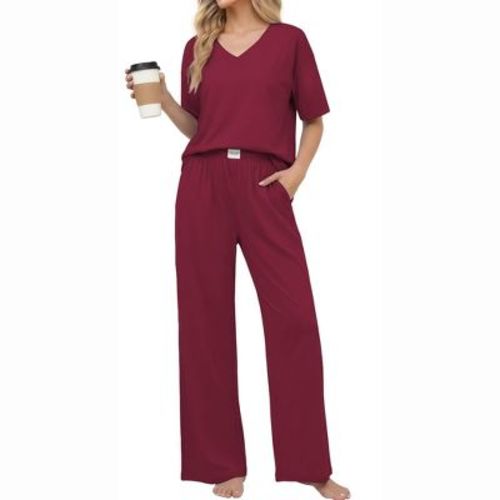 Ekouaer Women' Cotton Pajama Sets Soft Short Sleeve Pjs Long Pants Set Breathable Sleepwear Loungewear Burgundy L