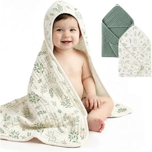 Tunnkit Hooded Towel for Newborn, 2 Pack Muslin Baby Bath Towel for Kids, Toddler and Infant, 32x32 Inch Soft and Absorbent Essentials for Babies (Sage Green and sage Leaf)