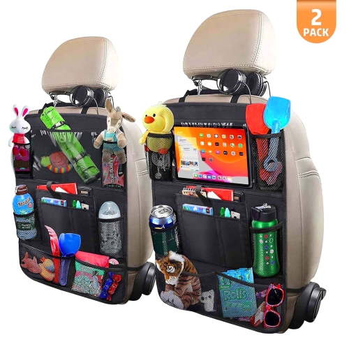 Premium Backseat Organizers with Touchscreen Tablet Pocket, Car Storage for Family Road Trips, Holds iPad, Snacks, Toys, Diapers, Wipes, Fits 99% Cars, SUVs (Black)