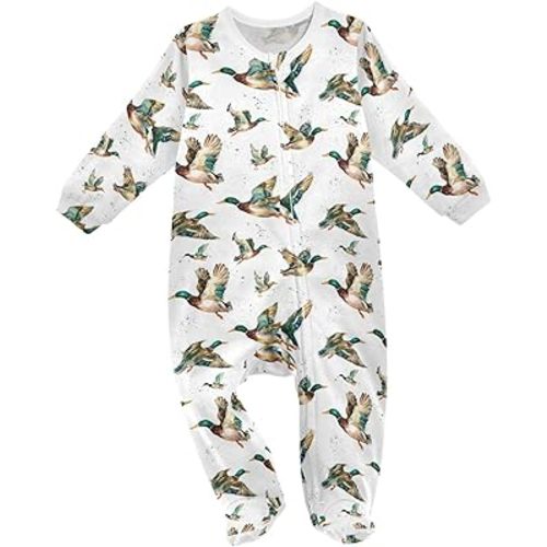 Baby One-Piece Footies Watercolor Flying Mallard Ducks Sleeper Pjs Footed Bodysuit Rompers Zipper for Boys Girls 3M