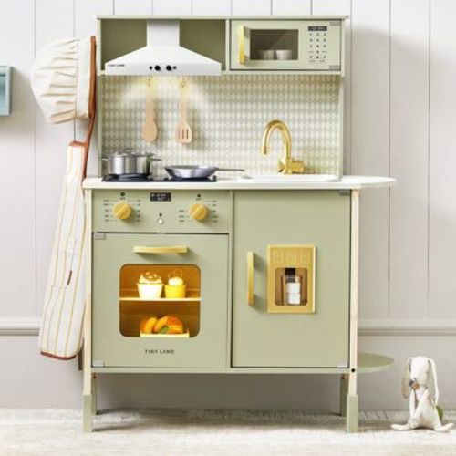Tiny Land® PopJoy Play Kitchen for Kids, Wooden Kitchen Playset Chef Pretend Play Set for Toddlers with Real Lights & Sounds, Green