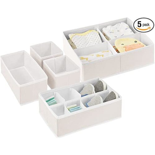 mDesign Soft Fabric Dresser Drawer/Closet Divided Storage Organizer Bins for Nursery - Holds Blankets, Bibs, Socks, Lotion, Clothes, Shoes, Toys, Jane Collection - Set of 5 - Cream/White