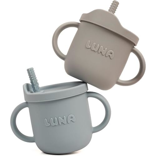 Baby Luna 2-in-1 Snack and Sippy Cups – Spill Proof Snack Cups for Toddlers 1-3, Lightweight & Easy-to-Clean Containers with Soft Grip Handles, BPA-Free Silicone for Travel or Home Use - Blue & Grey