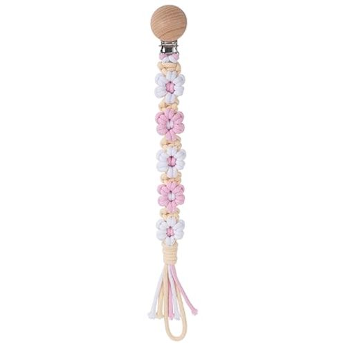 Pacifier Clip for Boys Girls Floral Daisy Macrame Baby Paci Clip Pacifier Holder Leash Boho Wooden Clips Handmade Braided Cotton Binky Clips (1pack:Pink Daisy B)